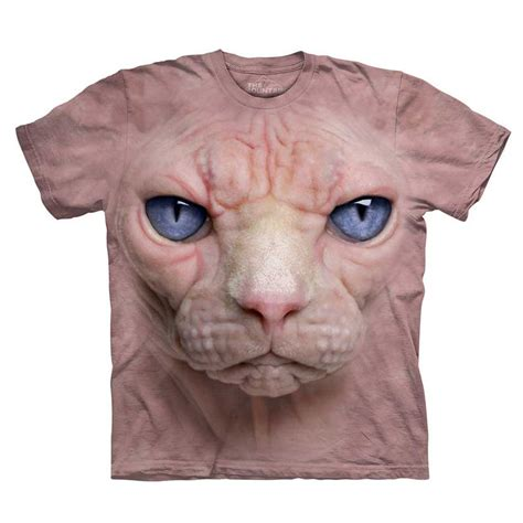 A tshirt with a large image of a hairless cats face on it.