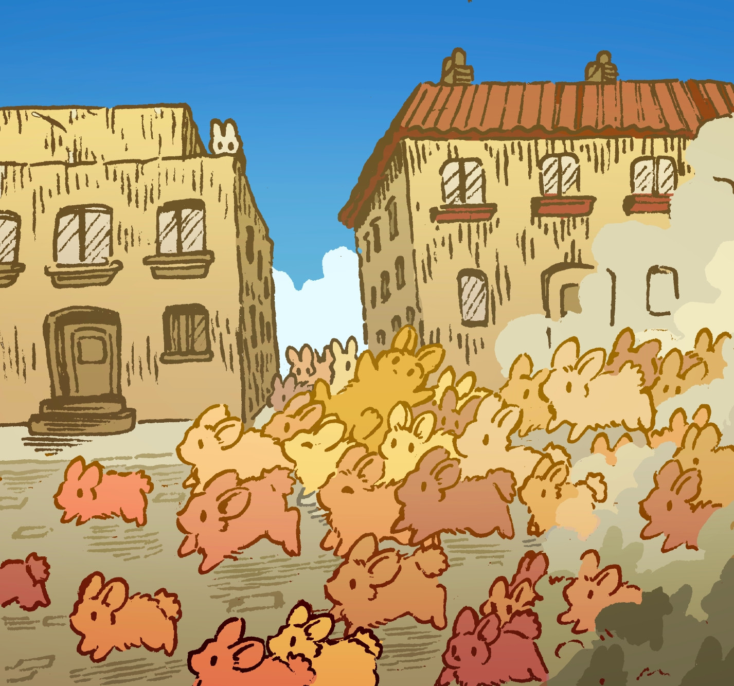 A crowd of bunnies stampede through a city street on a sunny day. It is unclear where they are going. In the center of the maelstrom, one bunny is riding atop the mob, unable to escape the tidal wave of rabbits