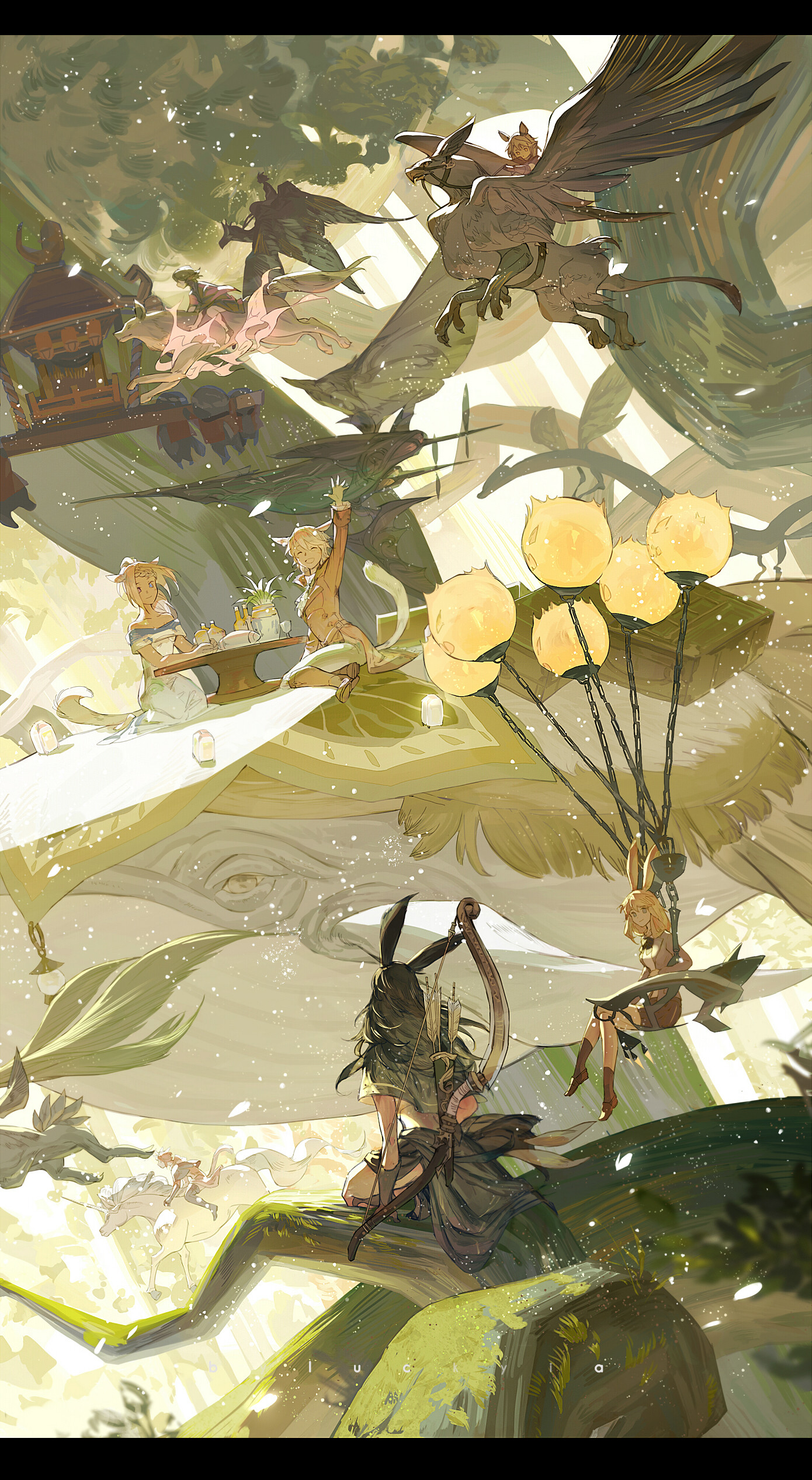 A painting of a scene from Final Fantasy XIV; several Lalafell and Viera players pass by a tree riding various mounts including a flying whale, a griffon, a unicorn, a wolf. and a bunch of balloons