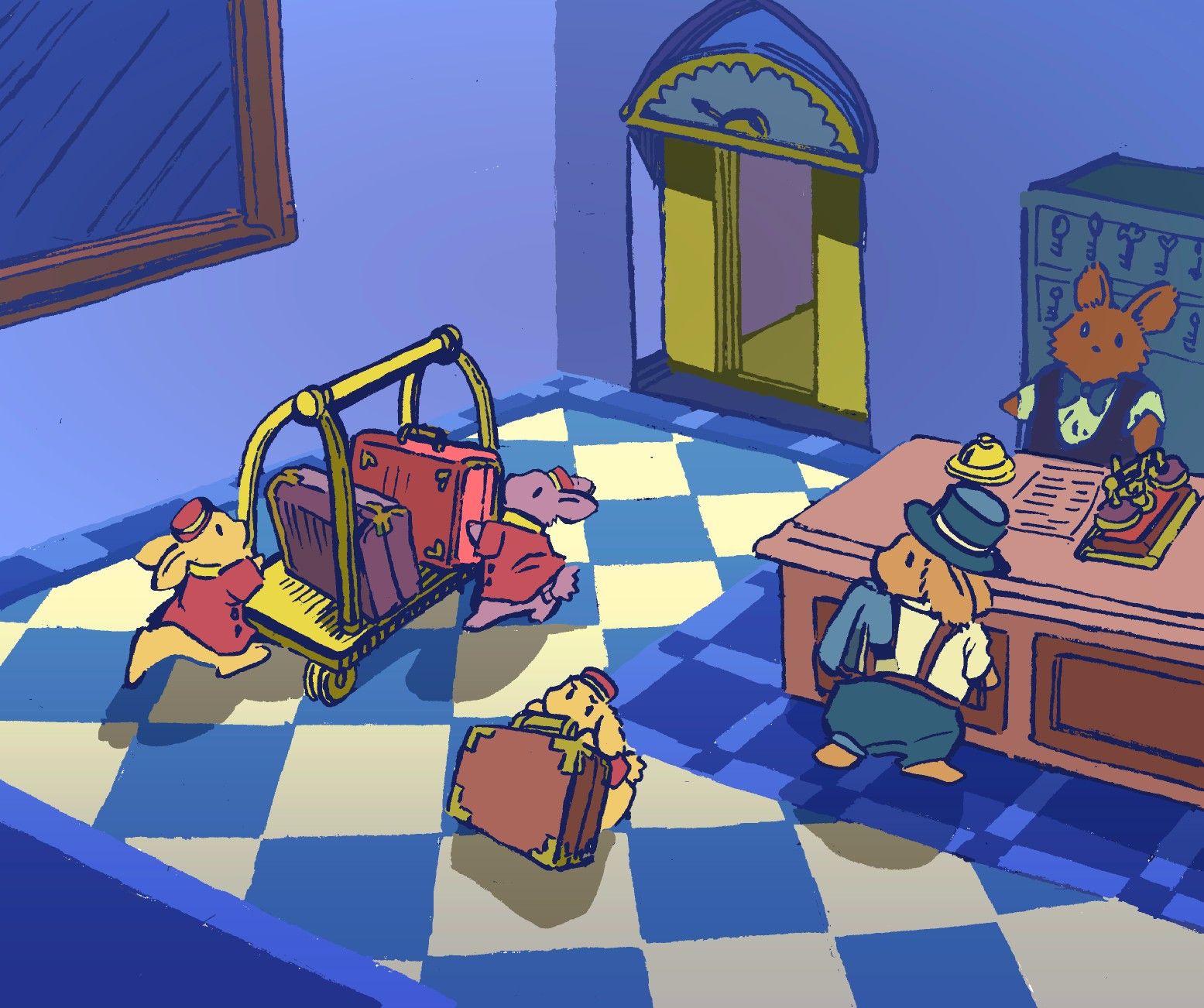 A group of bunnies work together to move multiple heavy suitcases, in luxurious a hotel lobby. The owner of the luggage is an affluent self-made bunny in a top-hat, who is talking to the receptionist. The bunny bellboys push the luggage on a cart, towards the elevator. The decor is gold and blue.